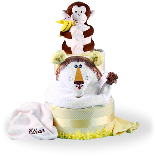 Deluxe Lion and Monkey Diaper Cake Baby Gift Personalized