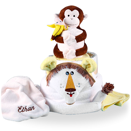 Plush Lion and Monkey Diaper Cake Baby Gift Personalized