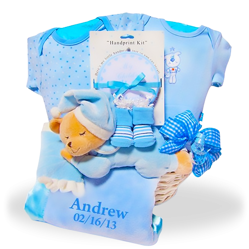 Personalized Bedtime Bear Gift Basket with Blanket  for Boy